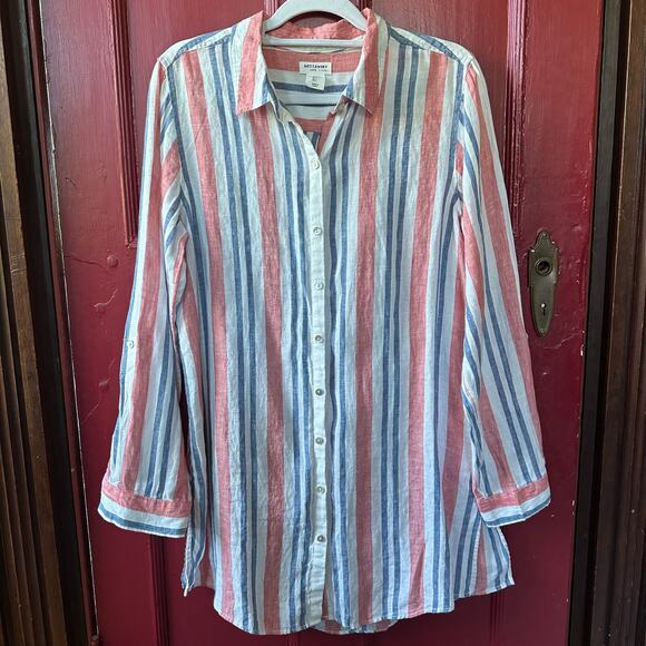 Artisan NY Large 100% Linen Button Tunic Striped Coastal Preppy Resort Wear - Picture 2 of 8